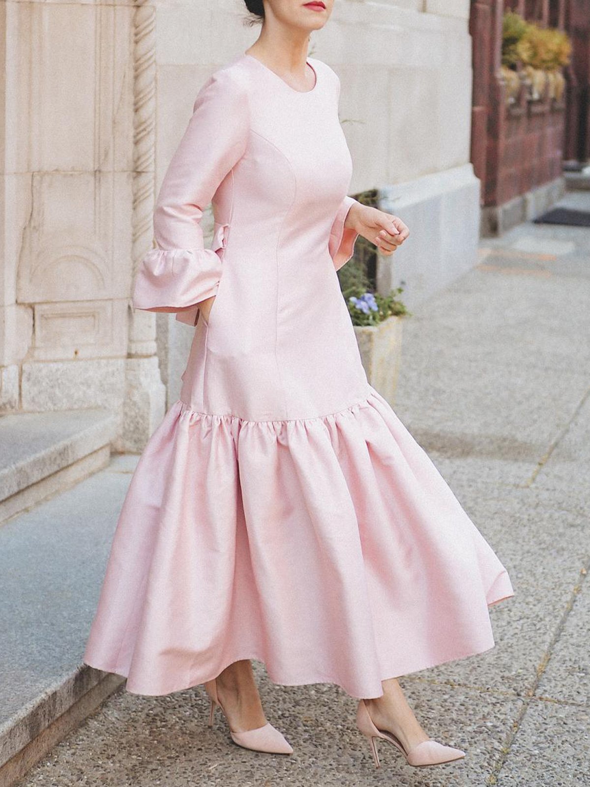 Elegant Plain Ruffle Sleeve Crew Neck Maxi Dress With Belt