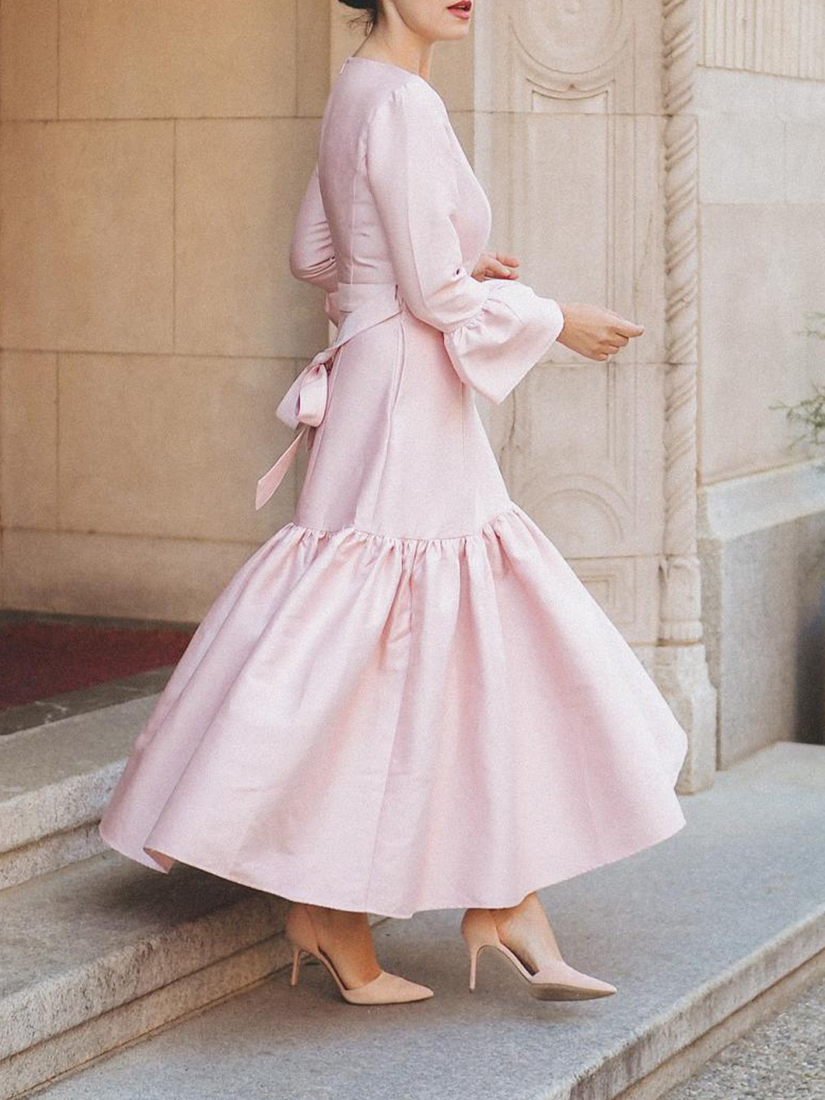 Elegant Plain Ruffle Sleeve Crew Neck Maxi Dress With Belt