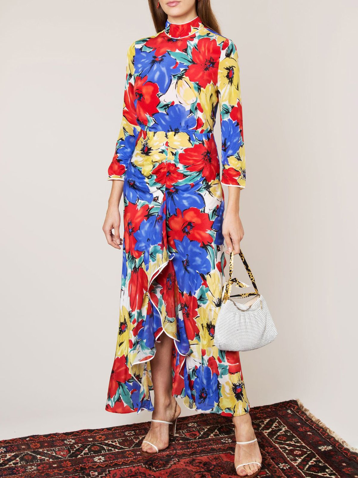 Elegant Floral Peplum Stand Collar Maxi Dress