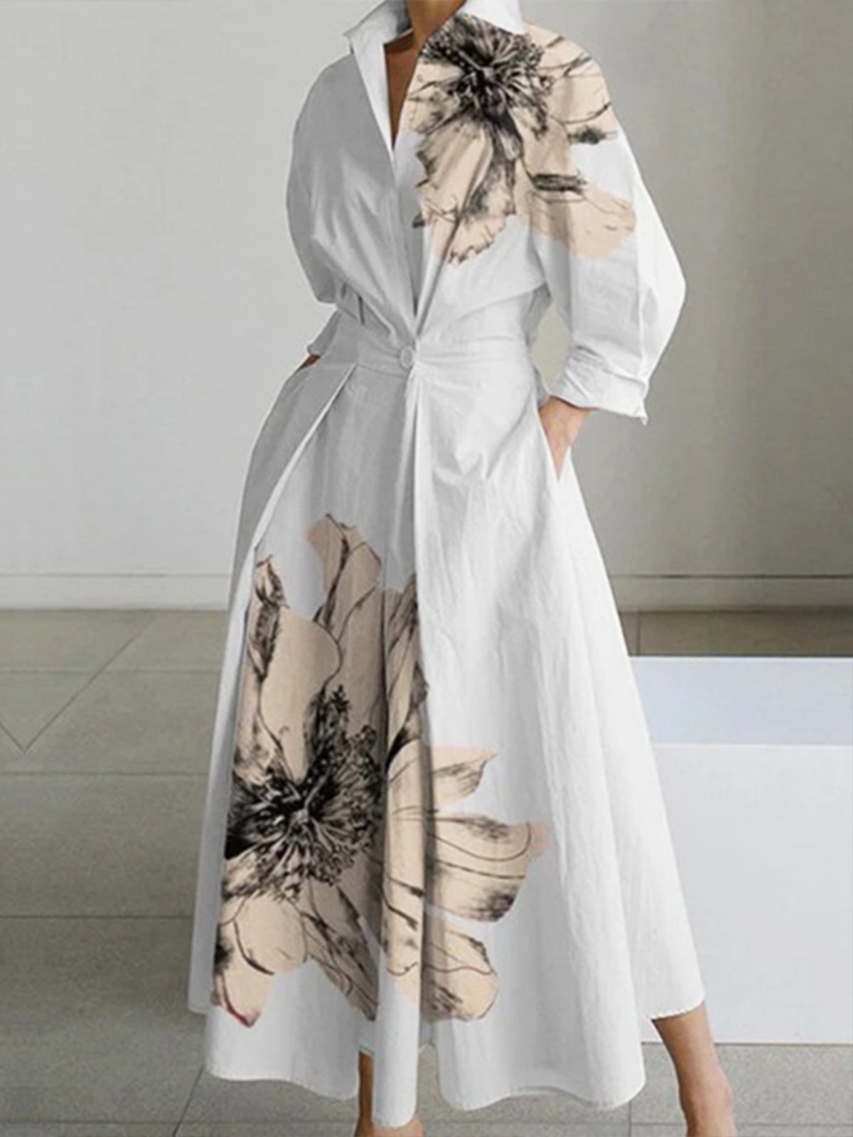 Elegant Floral  Shirt Collar Maxi Dress