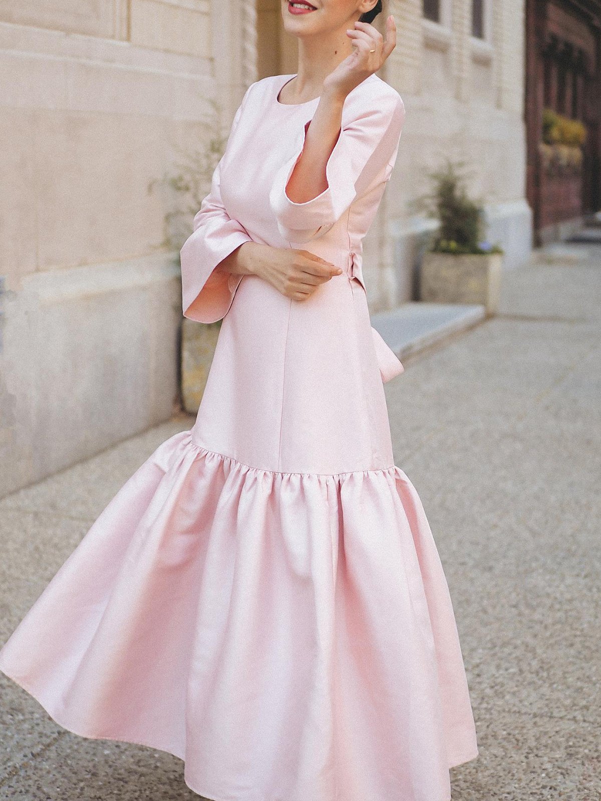 Elegant Plain Ruffle Sleeve Crew Neck Maxi Dress With Belt