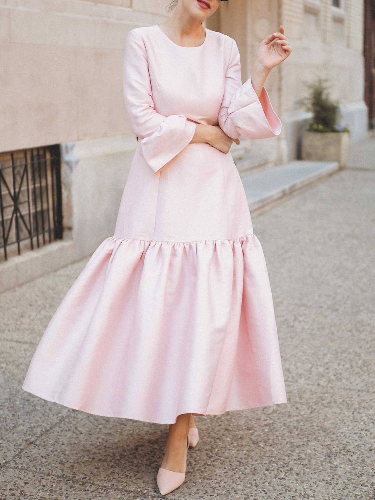 Elegant Plain Ruffle Sleeve Crew Neck Maxi Dress With Belt