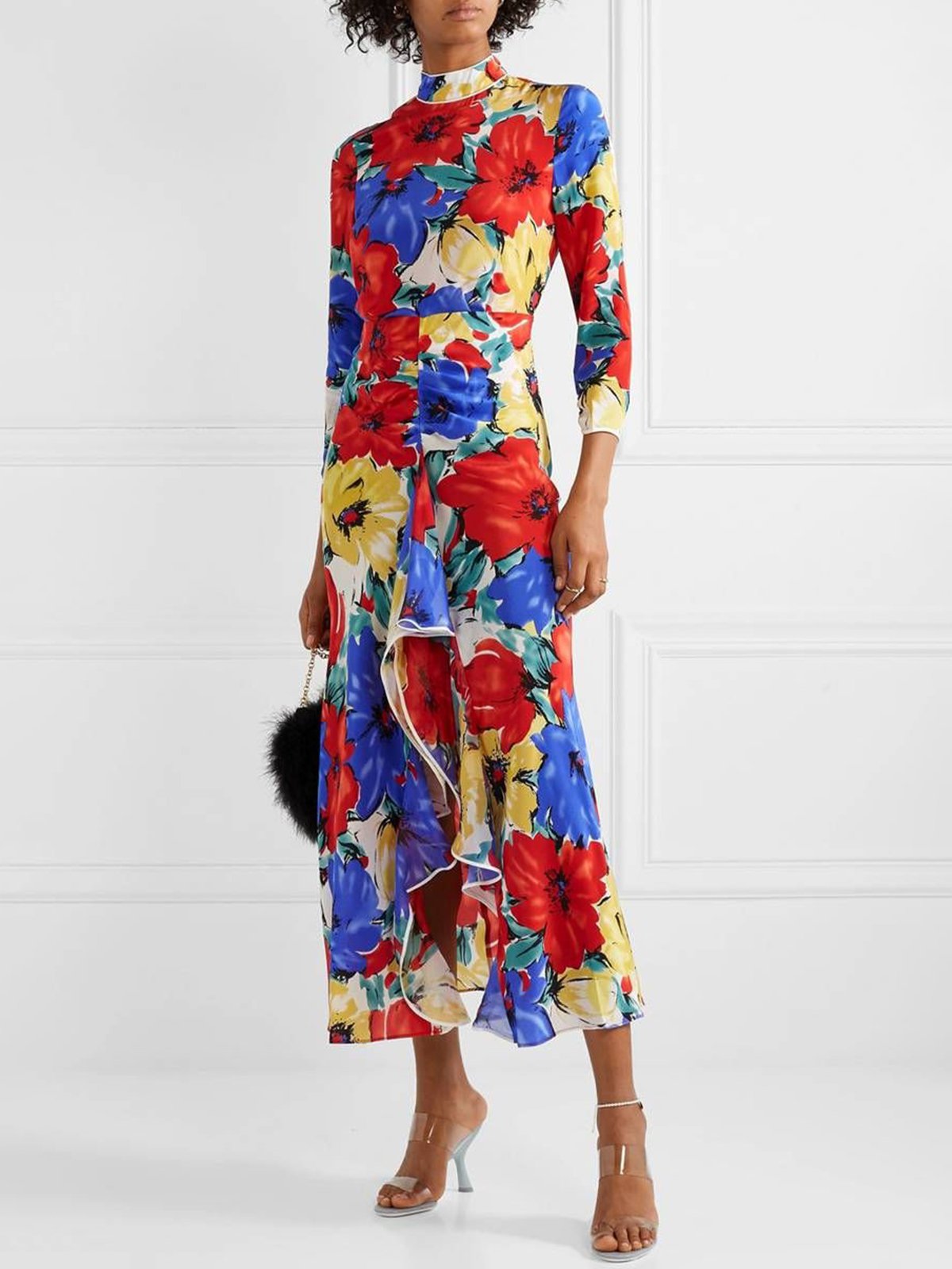 Elegant Floral Peplum Stand Collar Maxi Dress