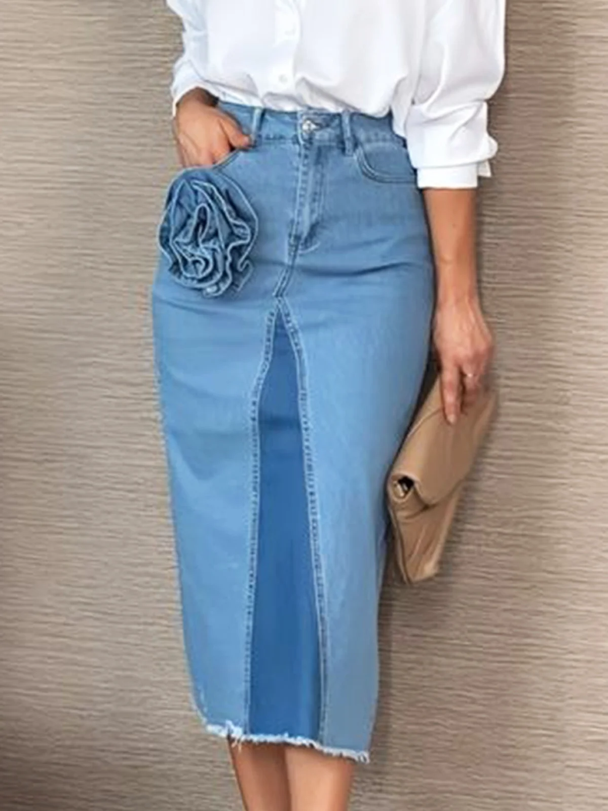 Casual 3d Floral Midi Denim Skirt