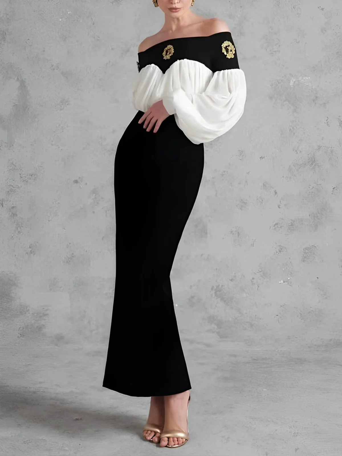 Elegant Color Block Split Joint Cold Shoulder Balloon Sleeve Blouse