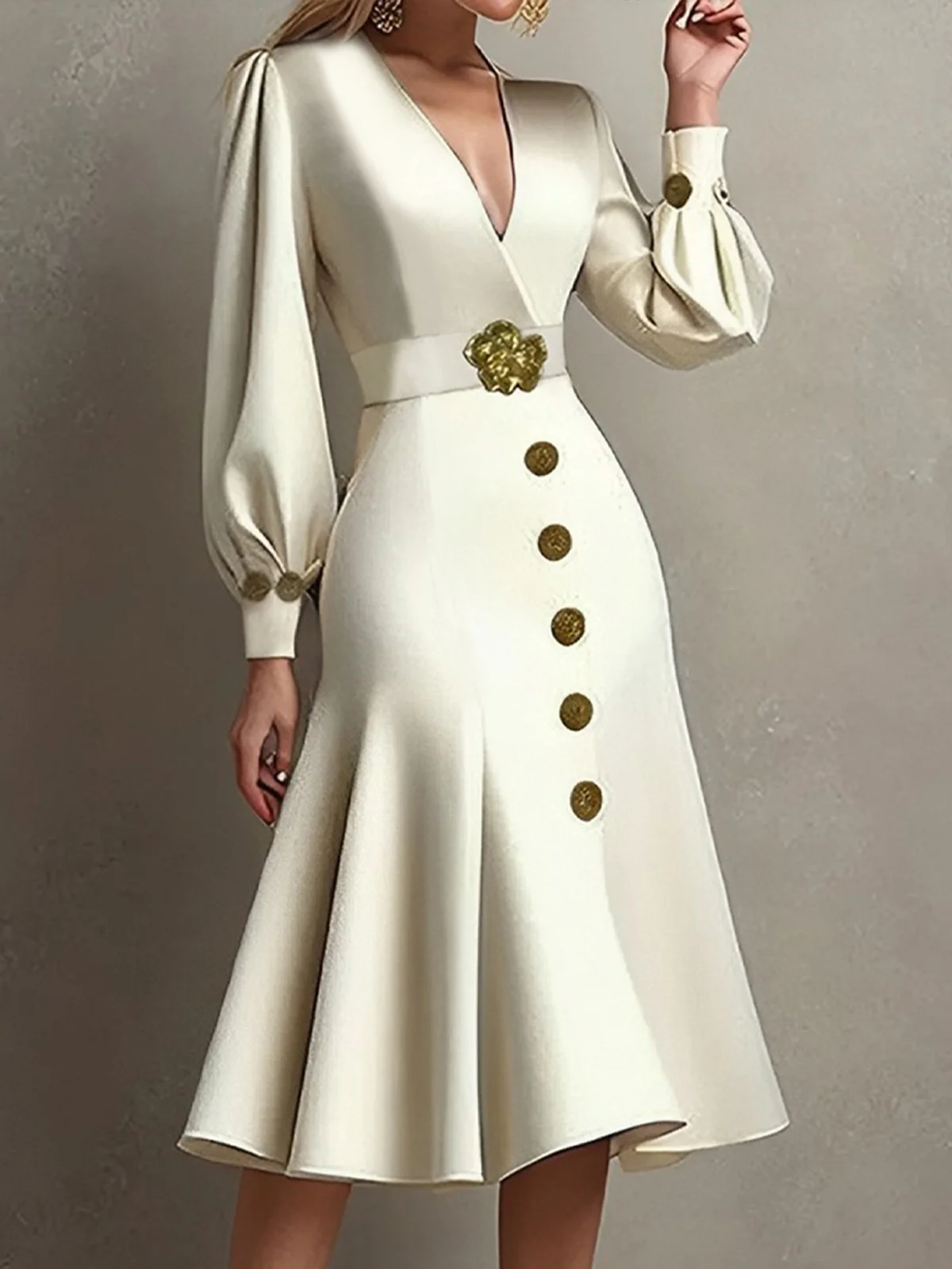 Elegant Plain Balloon Sleeve Buttoned V Neck Midi Dress With Belt