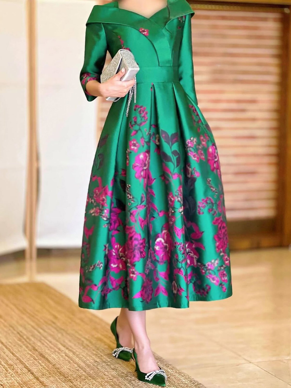 Elegant Floral Three Quarter Sleeve V Neck Midi Party Dress