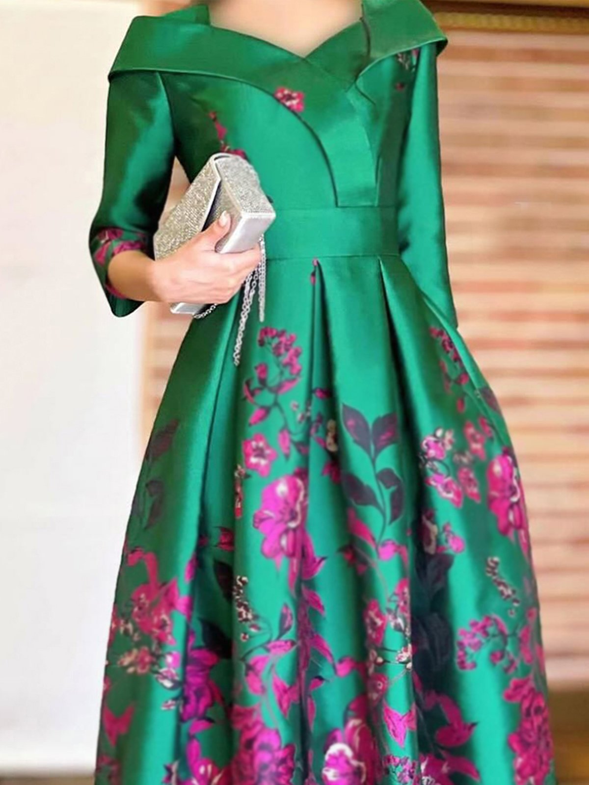 Elegant Floral Three Quarter Sleeve V Neck Midi Party Dress