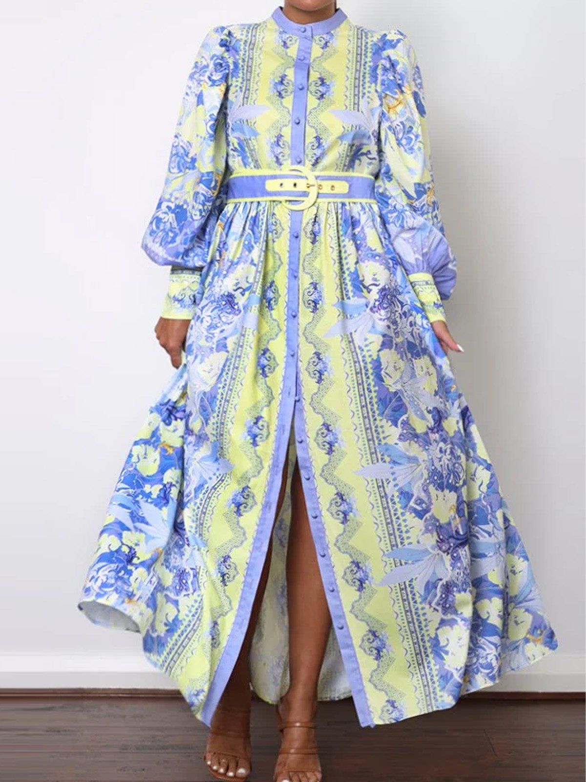 Urban Floral Balloon Sleeve Printing Stand Collar Maxi Dress With Belt