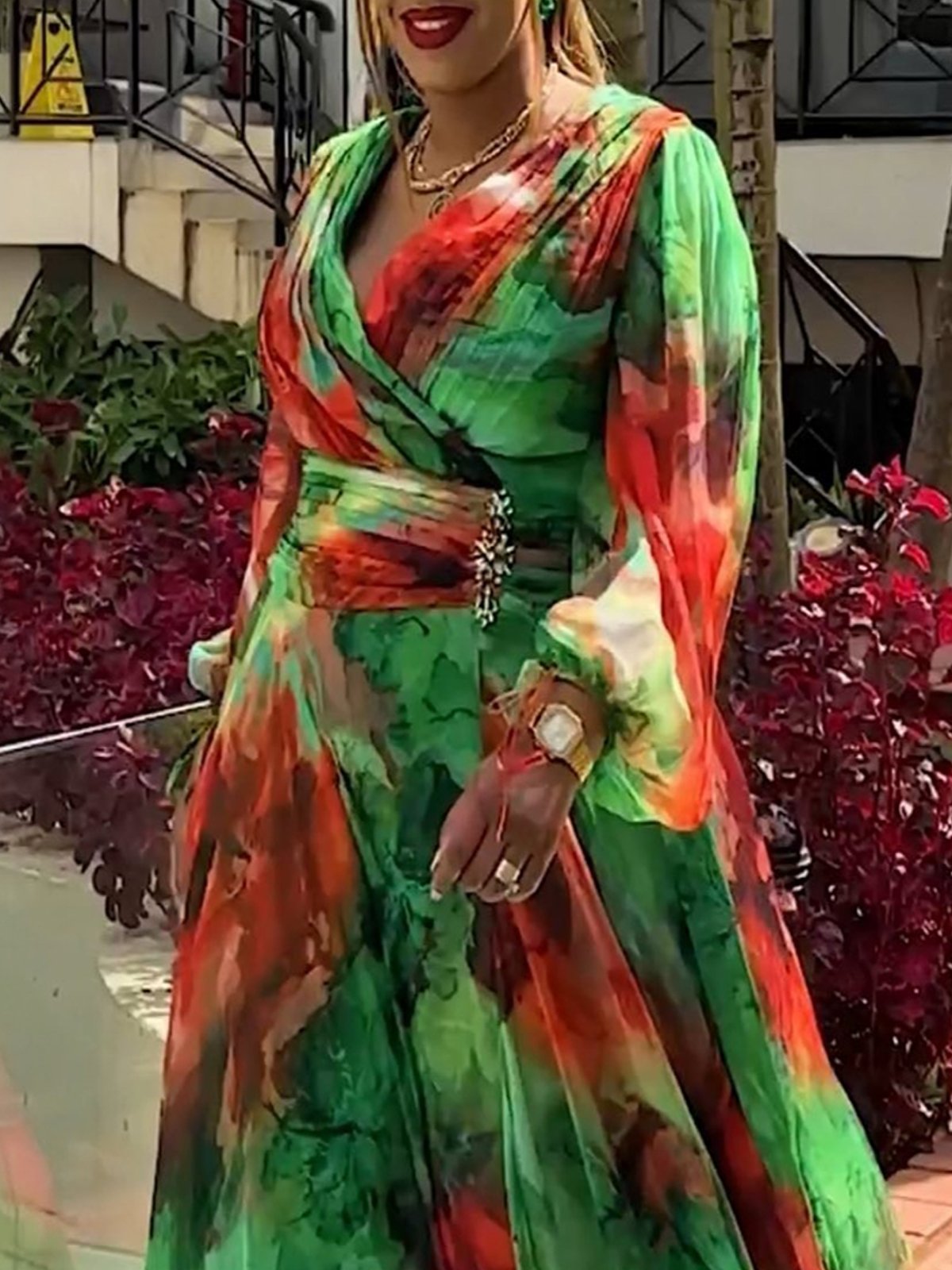 Vacation Floral Balloon Sleeve Printing Cross Neck Maxi Dress With Belt