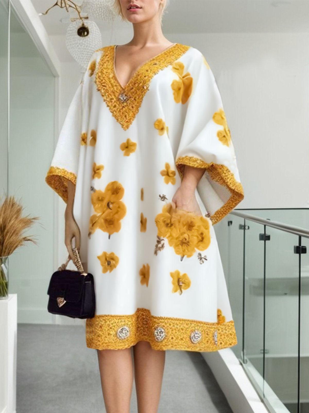 Vacation Floral Raglan Sleeve V Neck Loosen Knee Length Dress