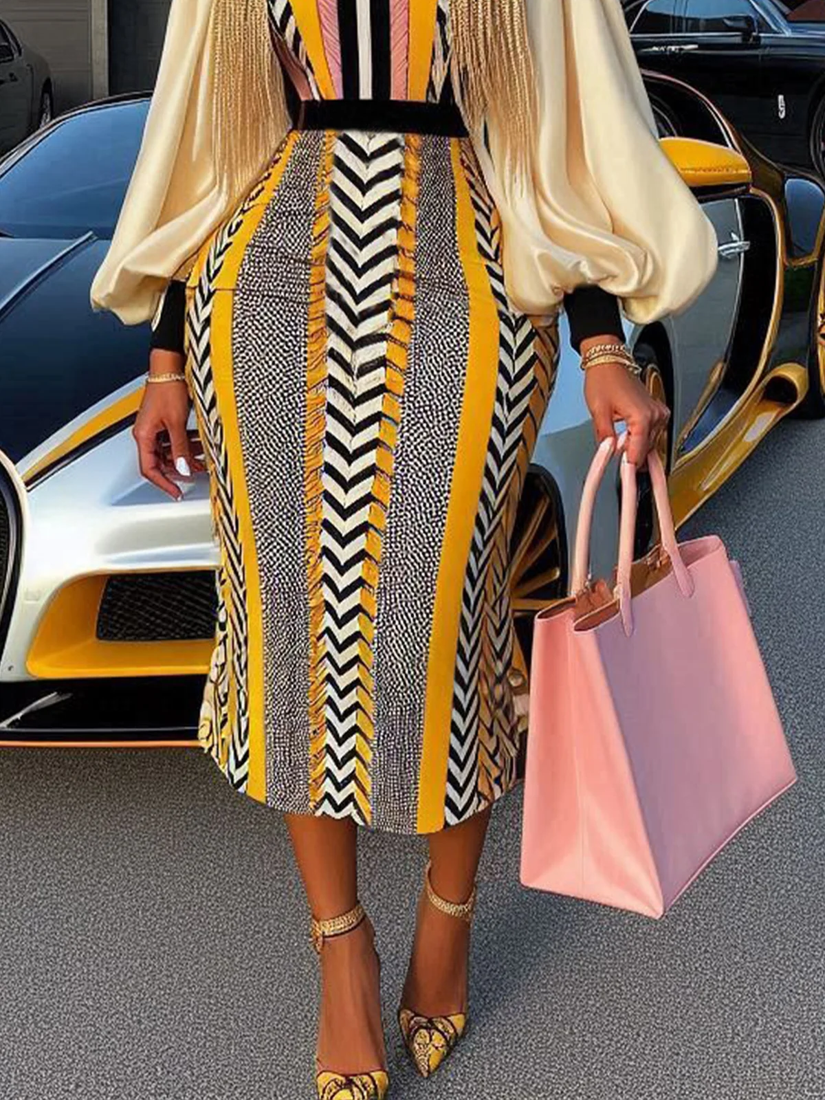 Elegant Geometric Balloon Sleeve Split Joint Crew Neck Maxi Dress