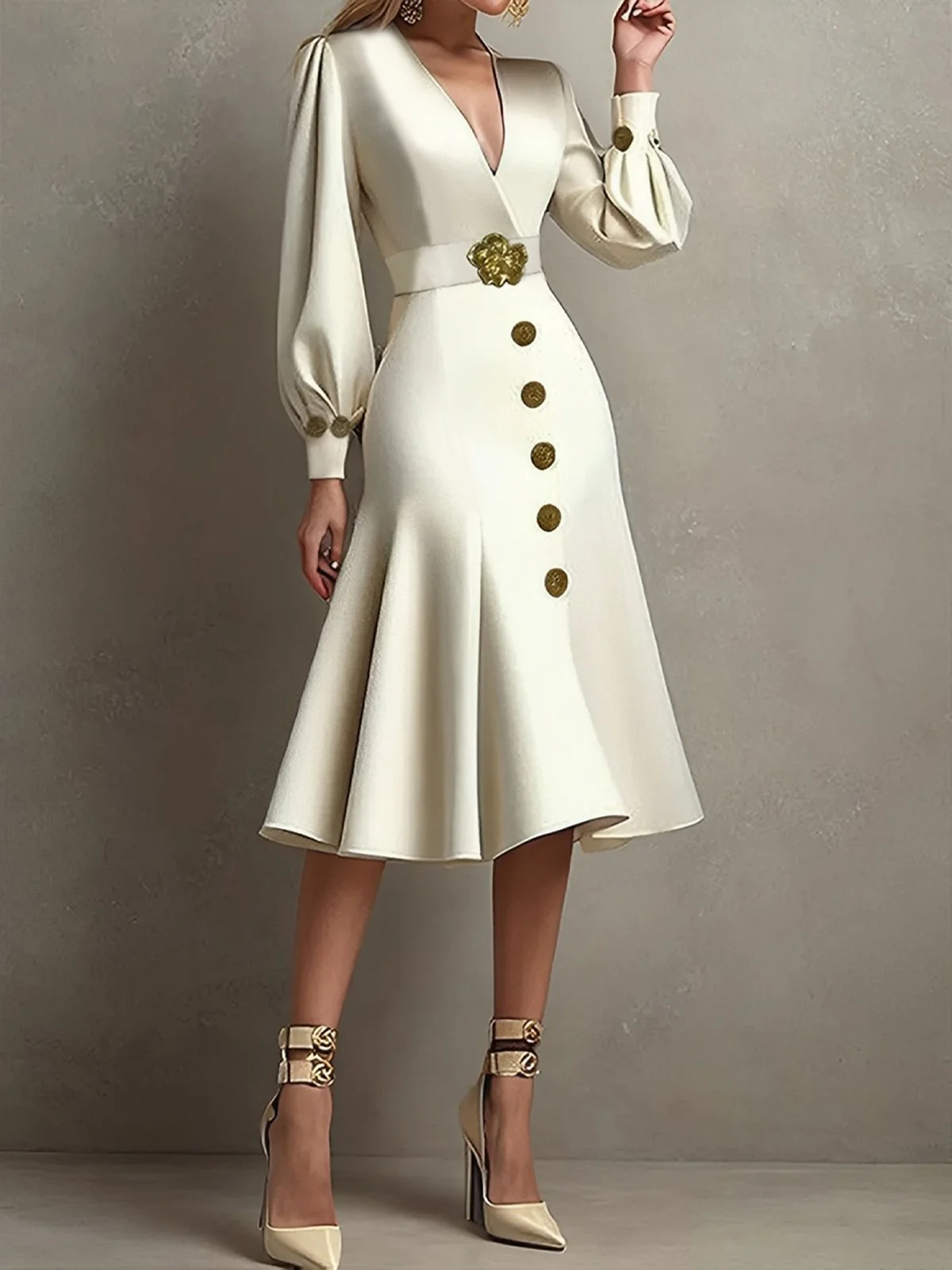 Elegant Plain Balloon Sleeve Buttoned V Neck Midi Dress With Belt