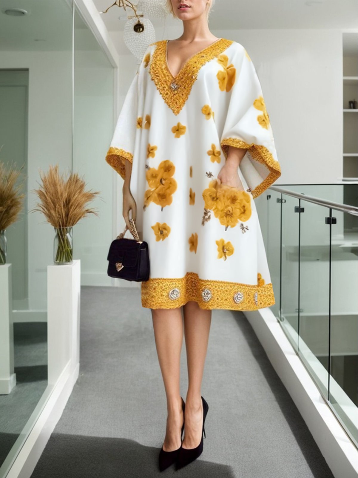 Vacation Floral Raglan Sleeve V Neck Loosen Knee Length Dress