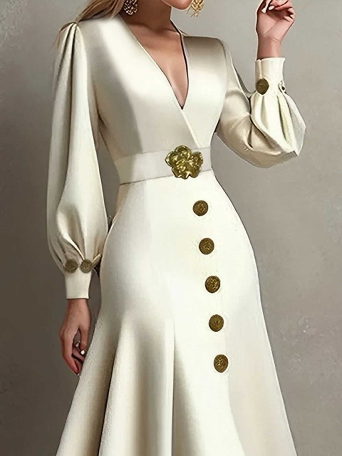 Elegant Plain Balloon Sleeve Buttoned V Neck Midi Dress With Belt