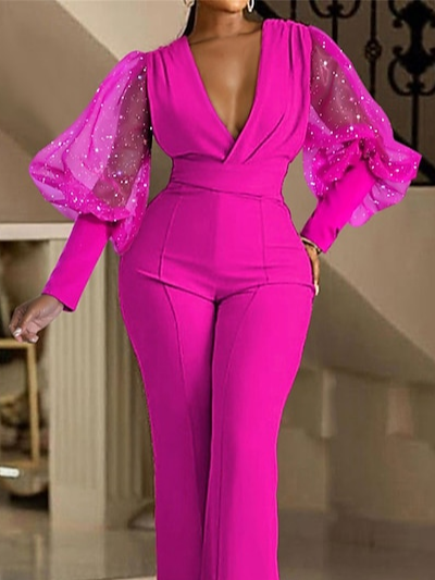 Elegant Puff Sleeve Mesh Plain V Neck Jumpsuit