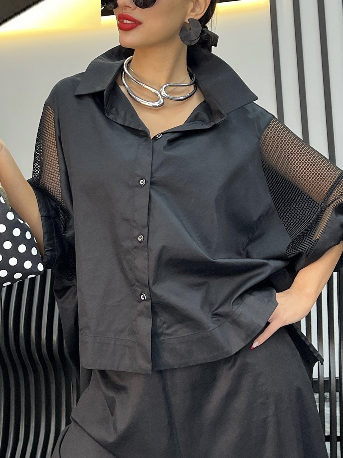 Urban Plain Mesh Shirt Collar Shirt