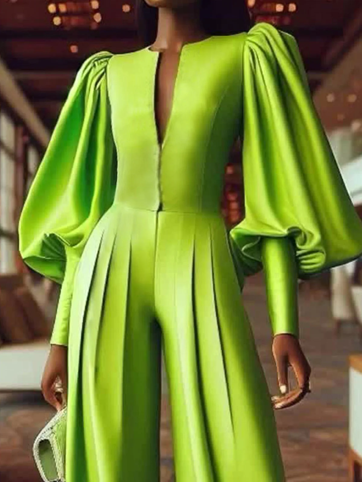 Elegant Balloon Sleeve Plain V Neck Jumpsuit