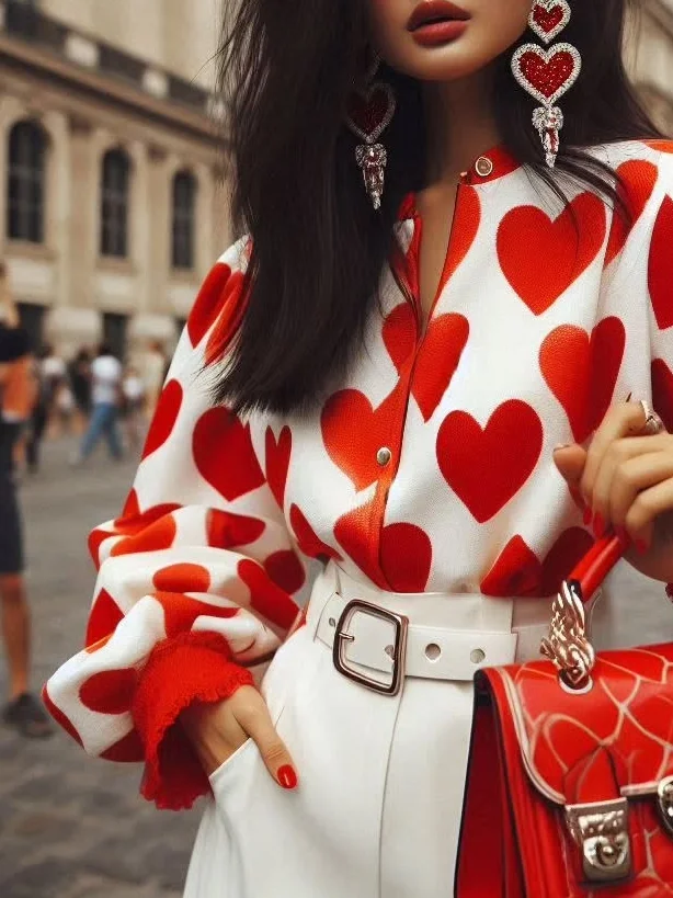 Satin Urban Heart/Cordate Printing Balloon Sleeve Shirt