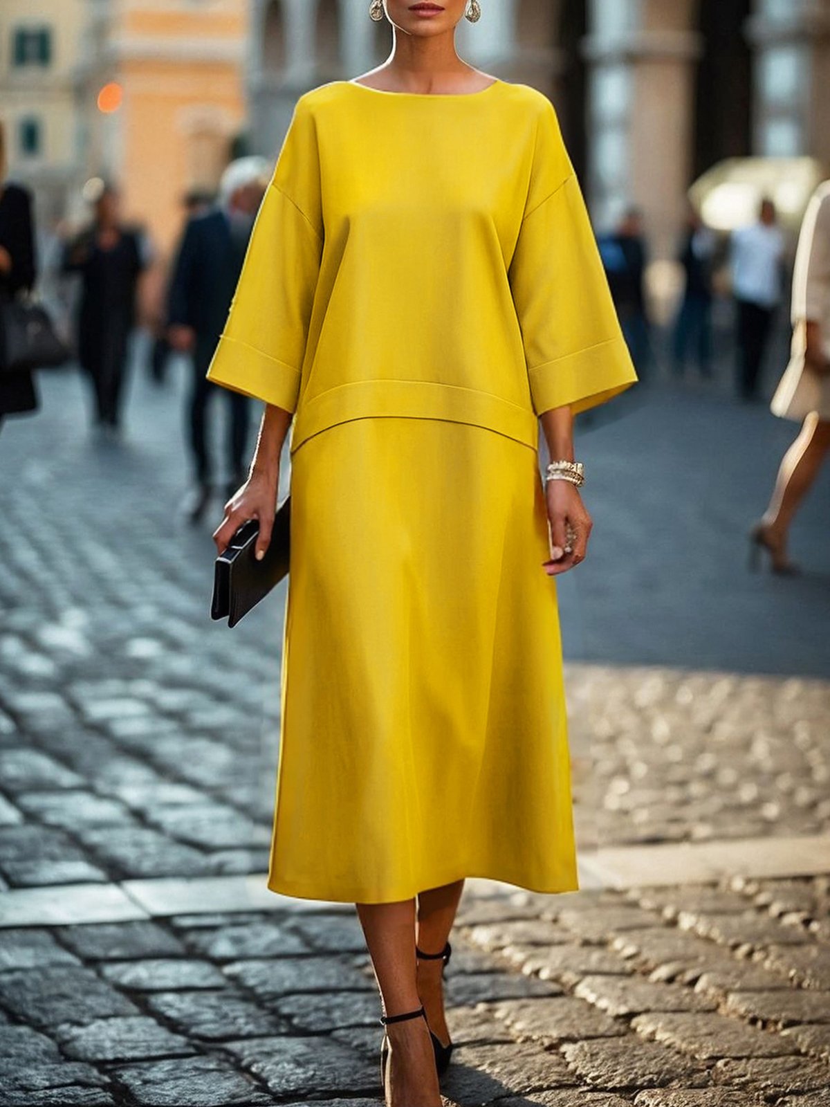 Urban Plain Three Quarter Sleeve Crew Neck Midi Dress