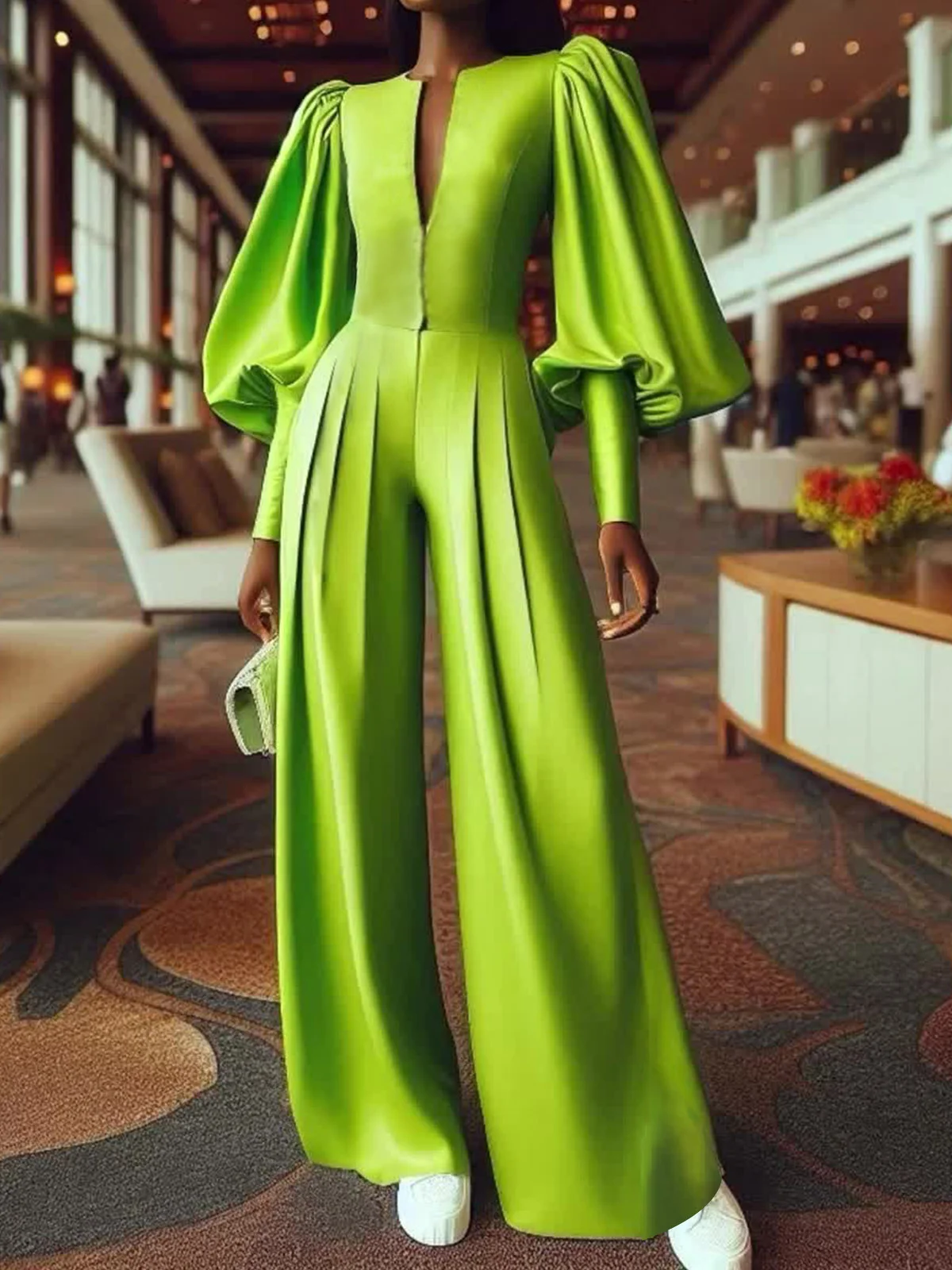 Elegant Balloon Sleeve Plain V Neck Jumpsuit