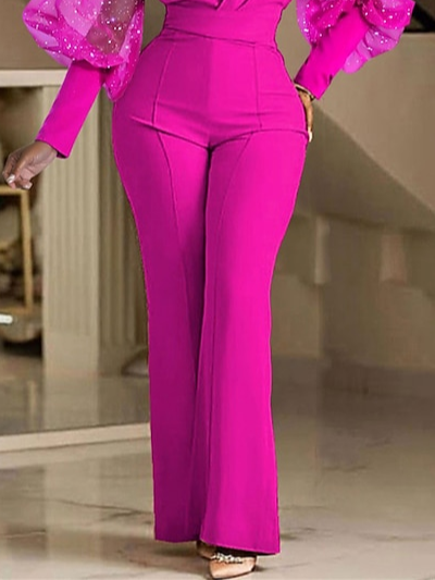 Elegant Puff Sleeve Mesh Plain V Neck Jumpsuit