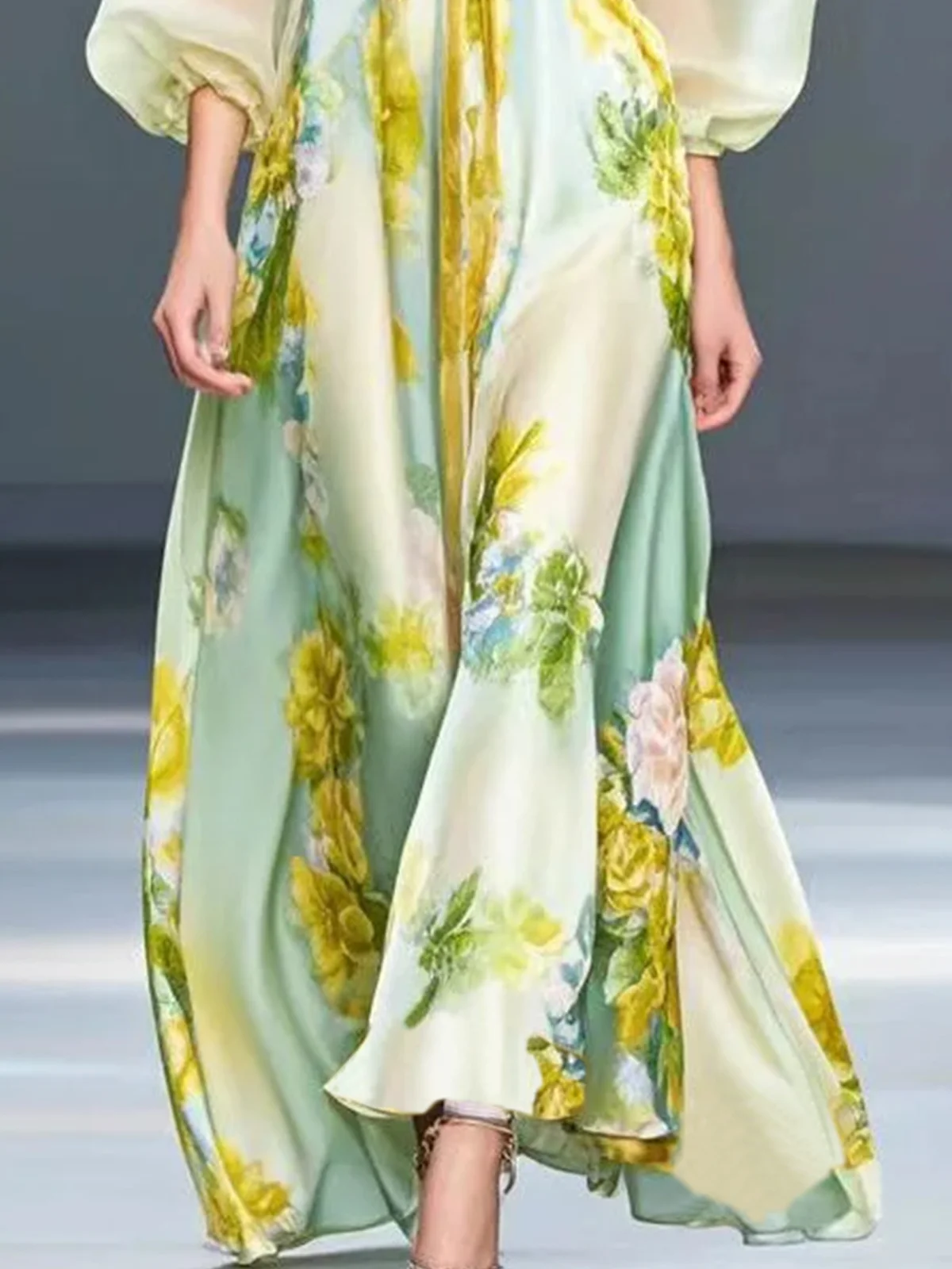 Vacation Floral Balloon Sleeve V Neck Maxi Dress