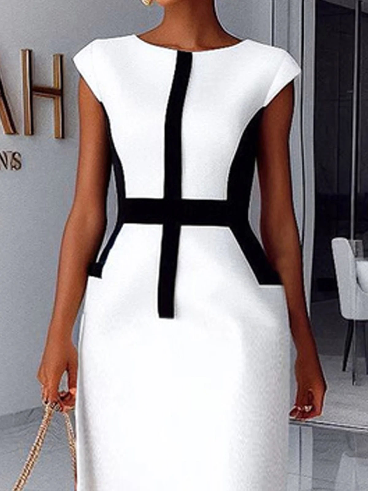 Urban Black And White Colorblock Split Joint Crew Neck Midi Dress