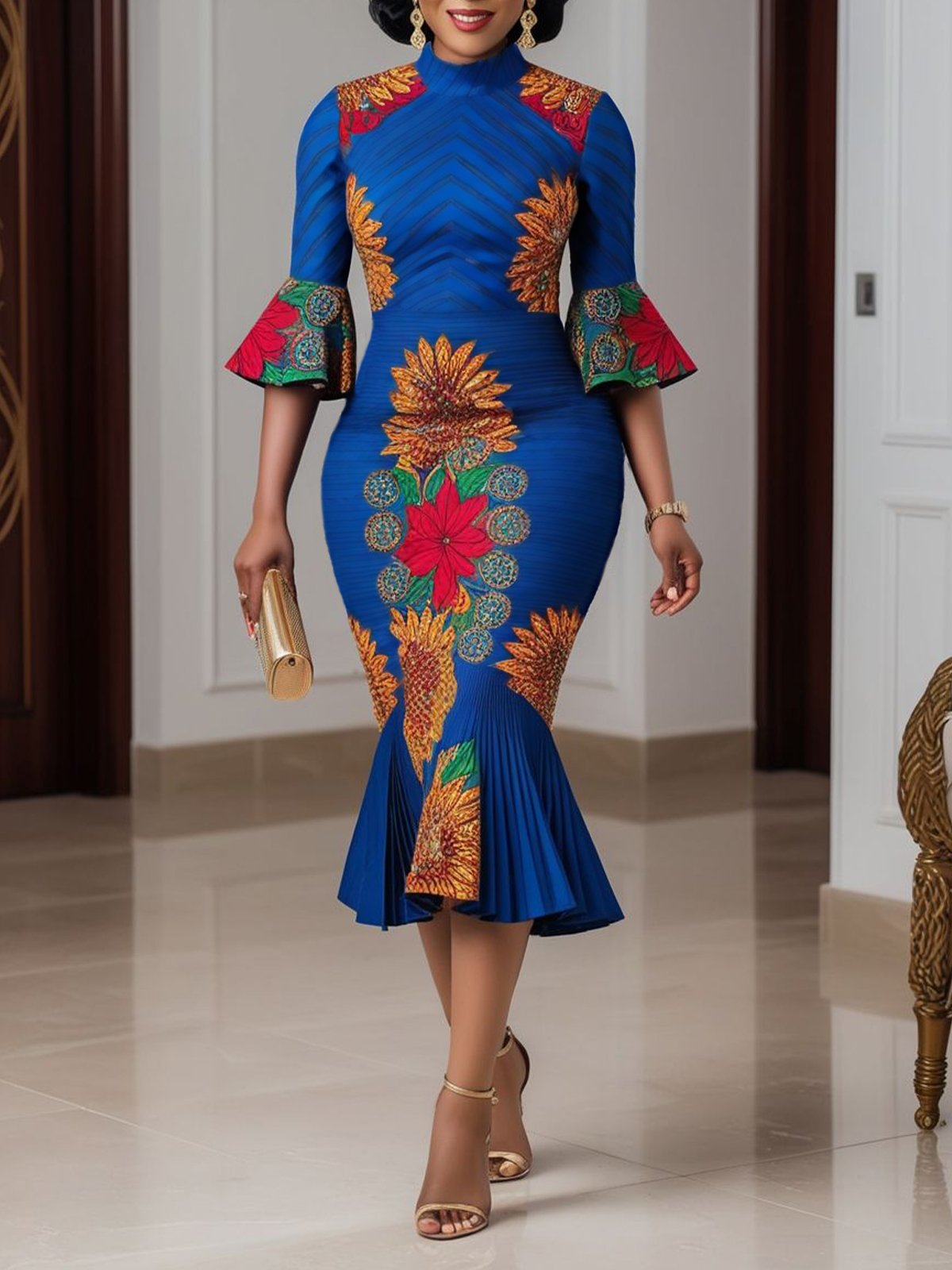 Elegant Floral Ruffle Sleeve Printing Stand Collar Midi Dress