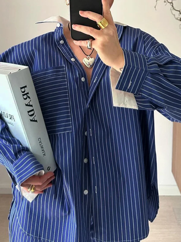 Casual Striped Split Joint Shirt Collar Shirt