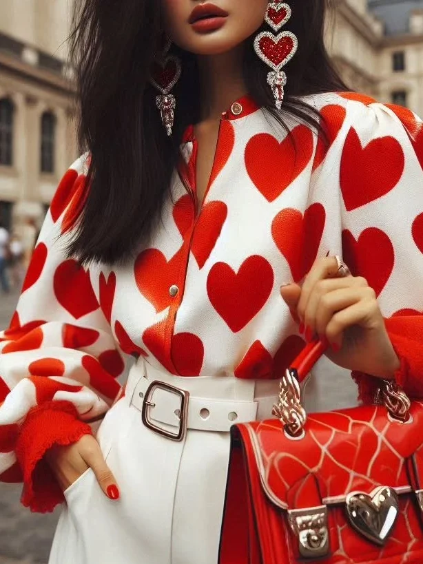 Satin Urban Heart/Cordate Printing Balloon Sleeve Shirt