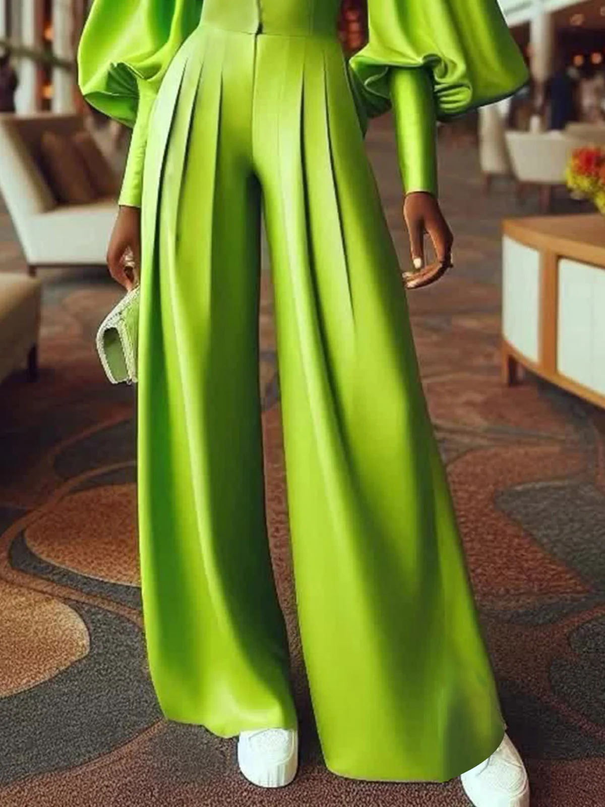 Elegant Balloon Sleeve Plain V Neck Jumpsuit