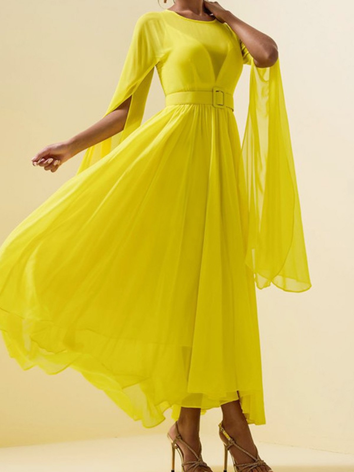 Elegant Plain Split Sleeve Crew Neck Party Maxi Dress With Belt