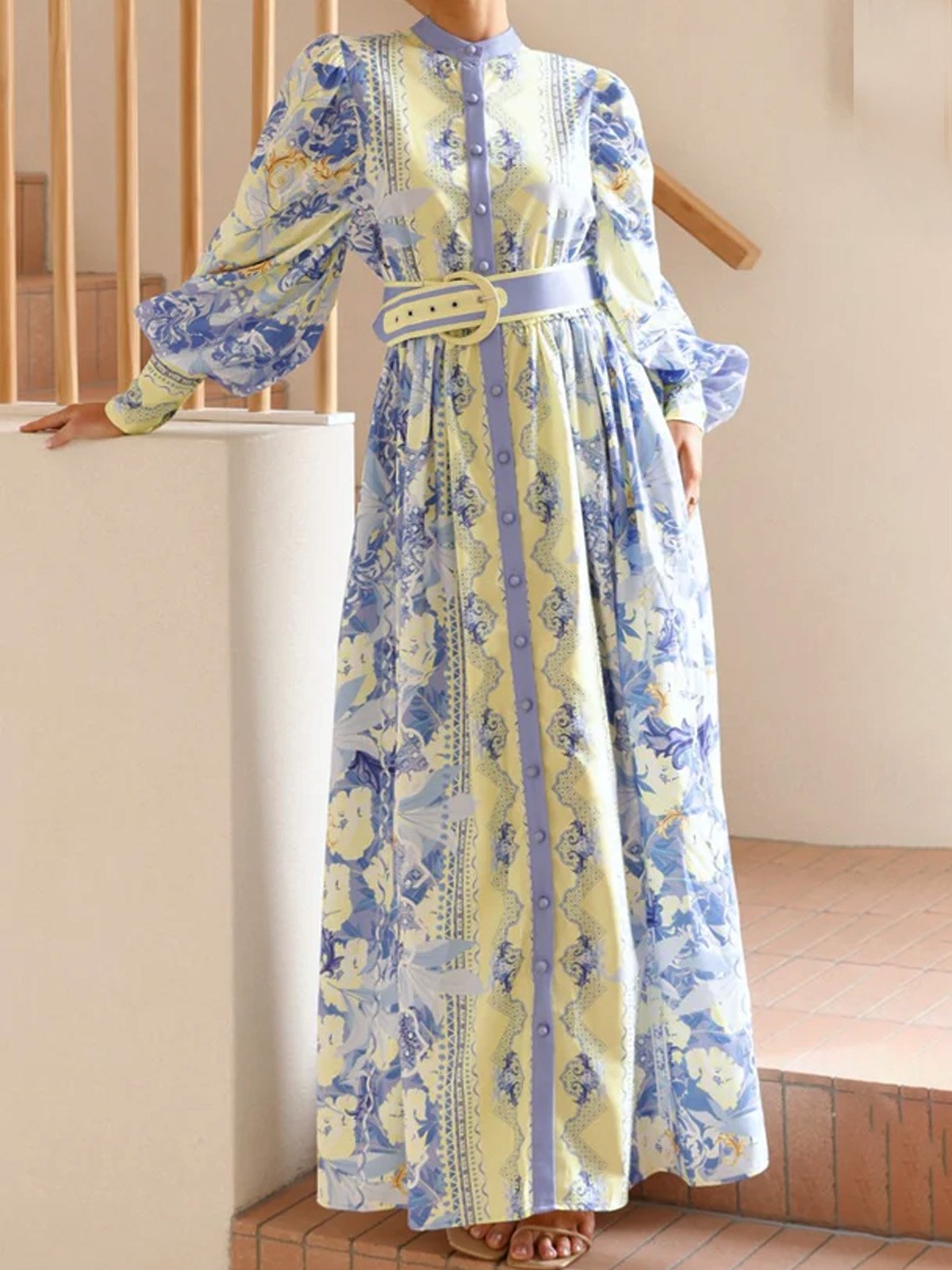 Urban Floral Balloon Sleeve Printing Stand Collar Maxi Dress With Belt