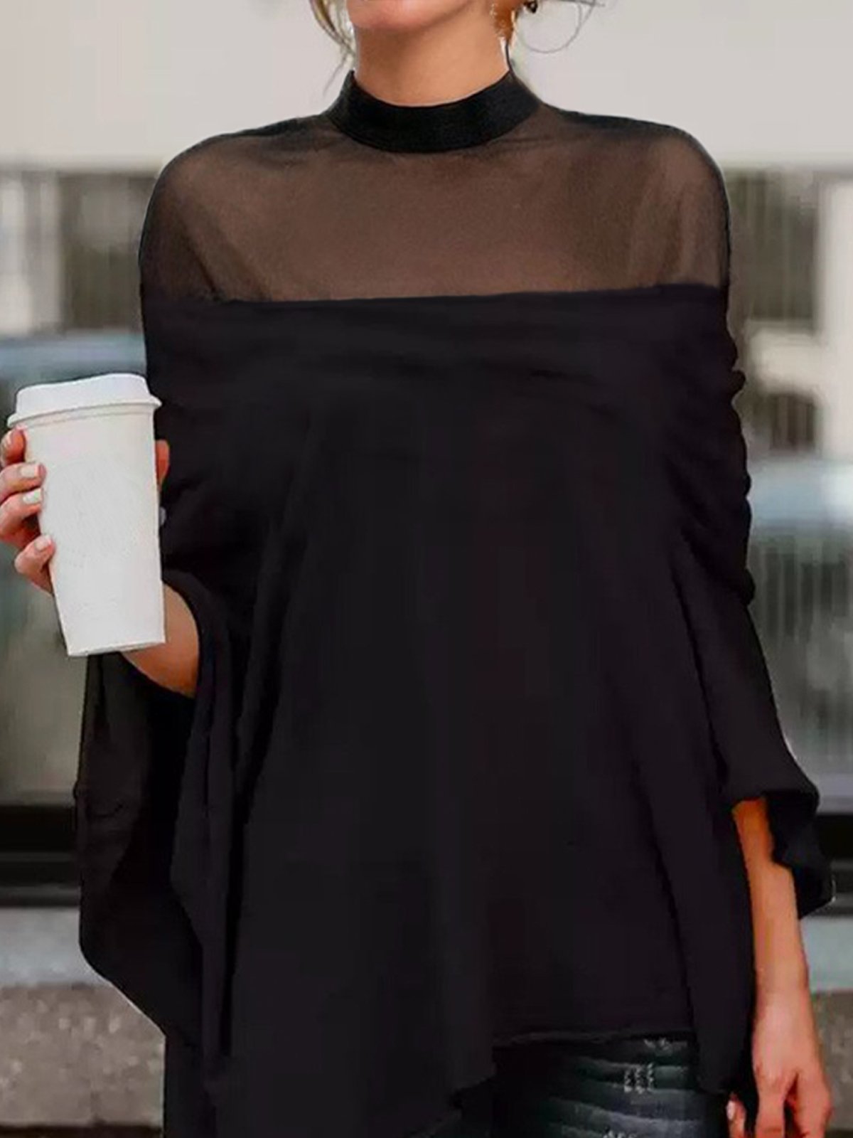 Casual Plain Split Joint Stand Collar Loose Blouse