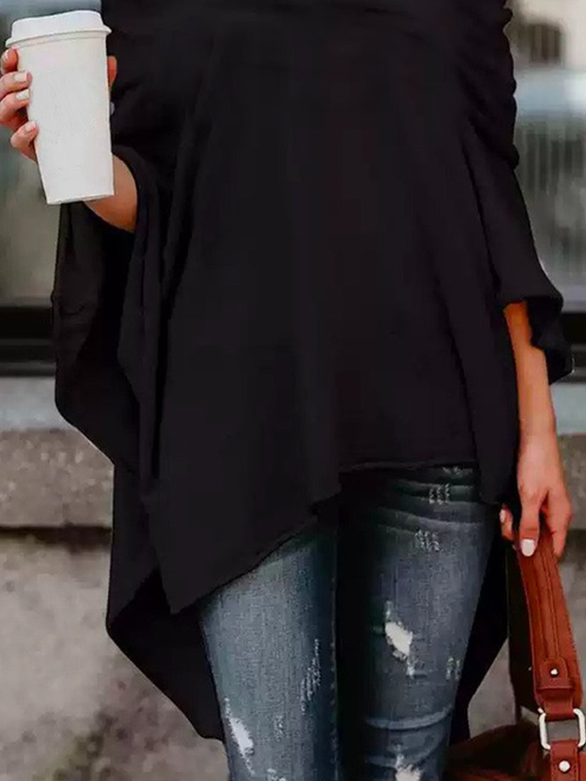 Casual Plain Split Joint Stand Collar Loose Blouse