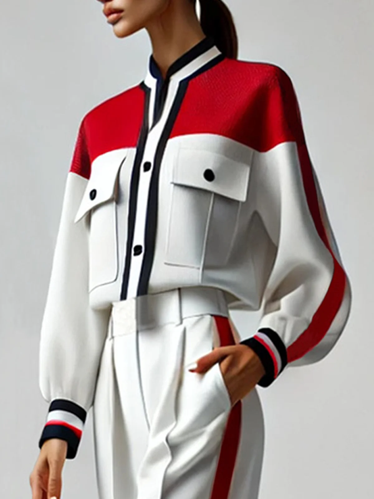 Urban Color Block Stand Collar Pockets Jacket