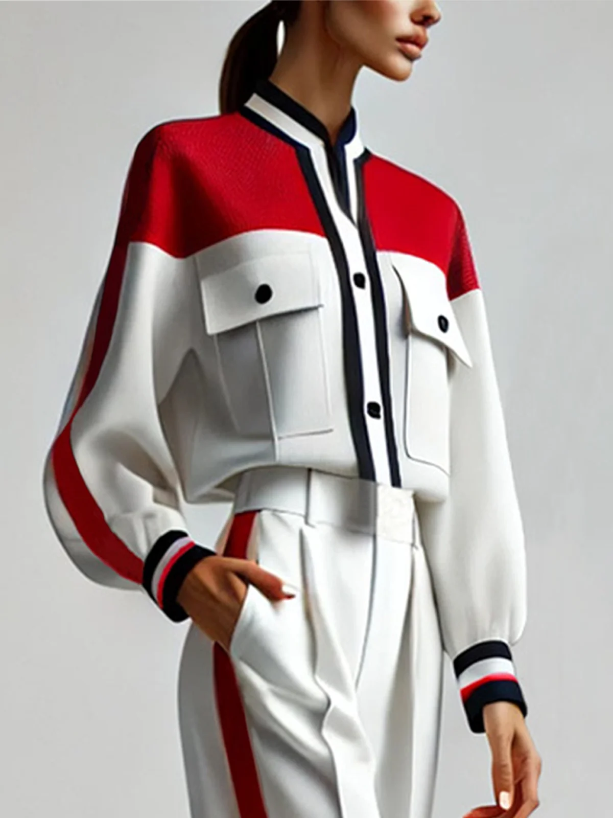 Urban Color Block Stand Collar Pockets Jacket