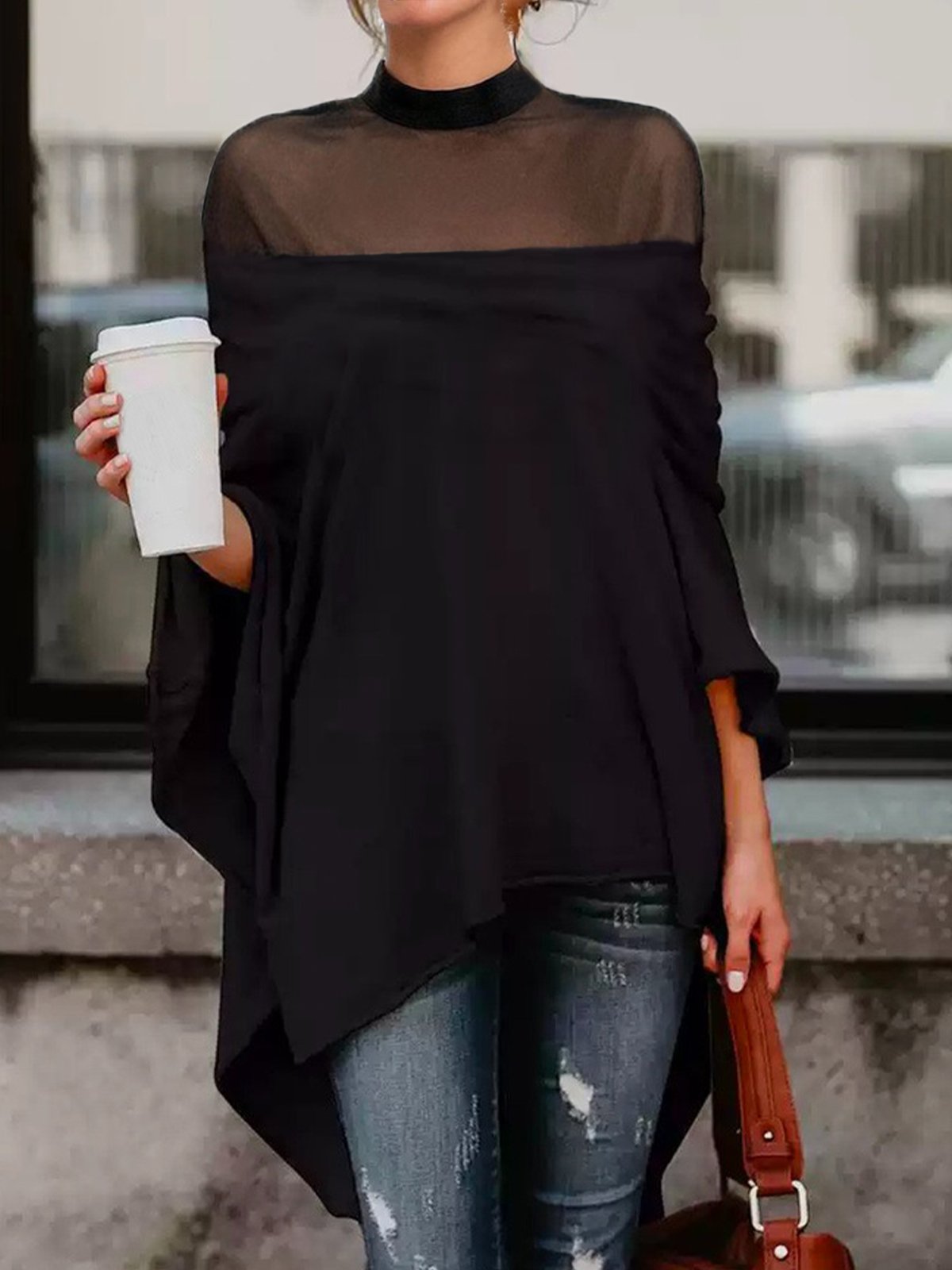 Casual Plain Split Joint Stand Collar Loose Blouse