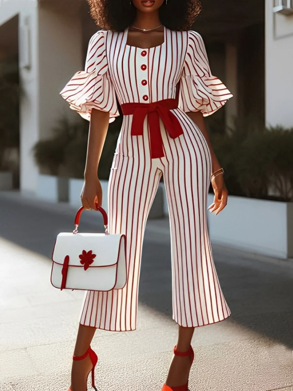 Urban Buttoned Ruffle Sleeve Striped Square Neck Jumpsuit