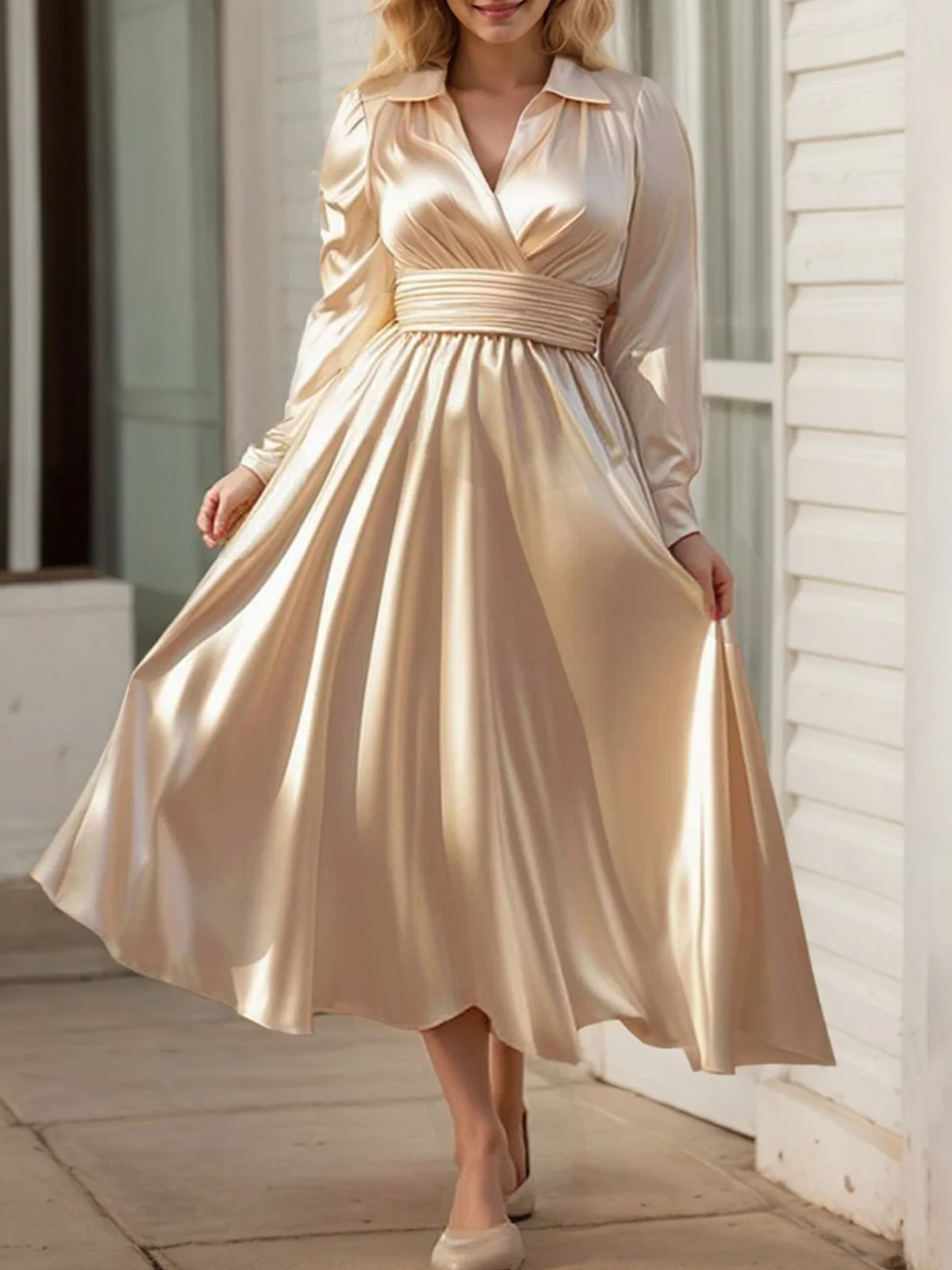 Elegant Plain V Neck Midi Dress With Belt