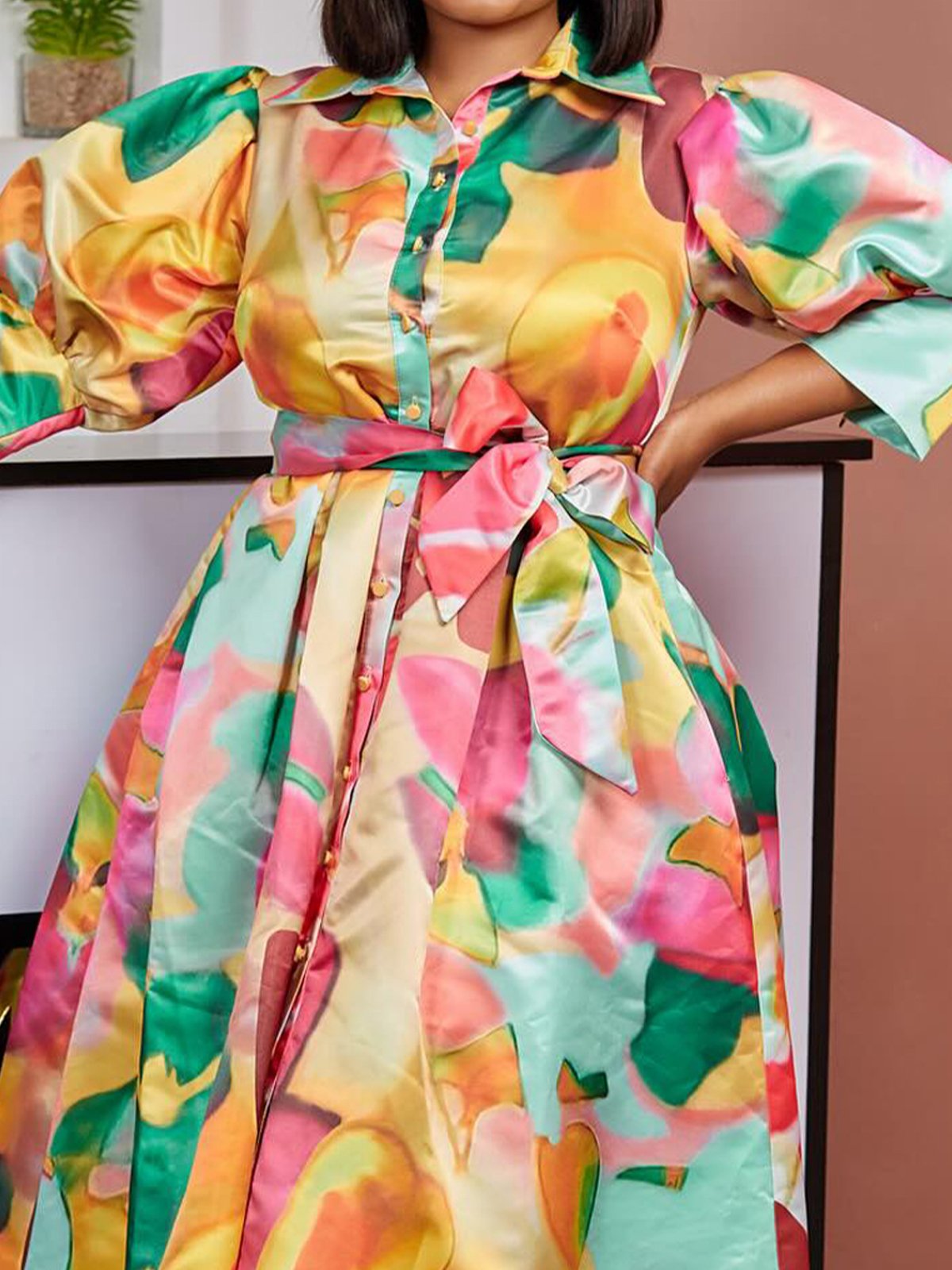 Elegant Random Print Puff Sleeve Shirt Collar Midi Dress With Belt