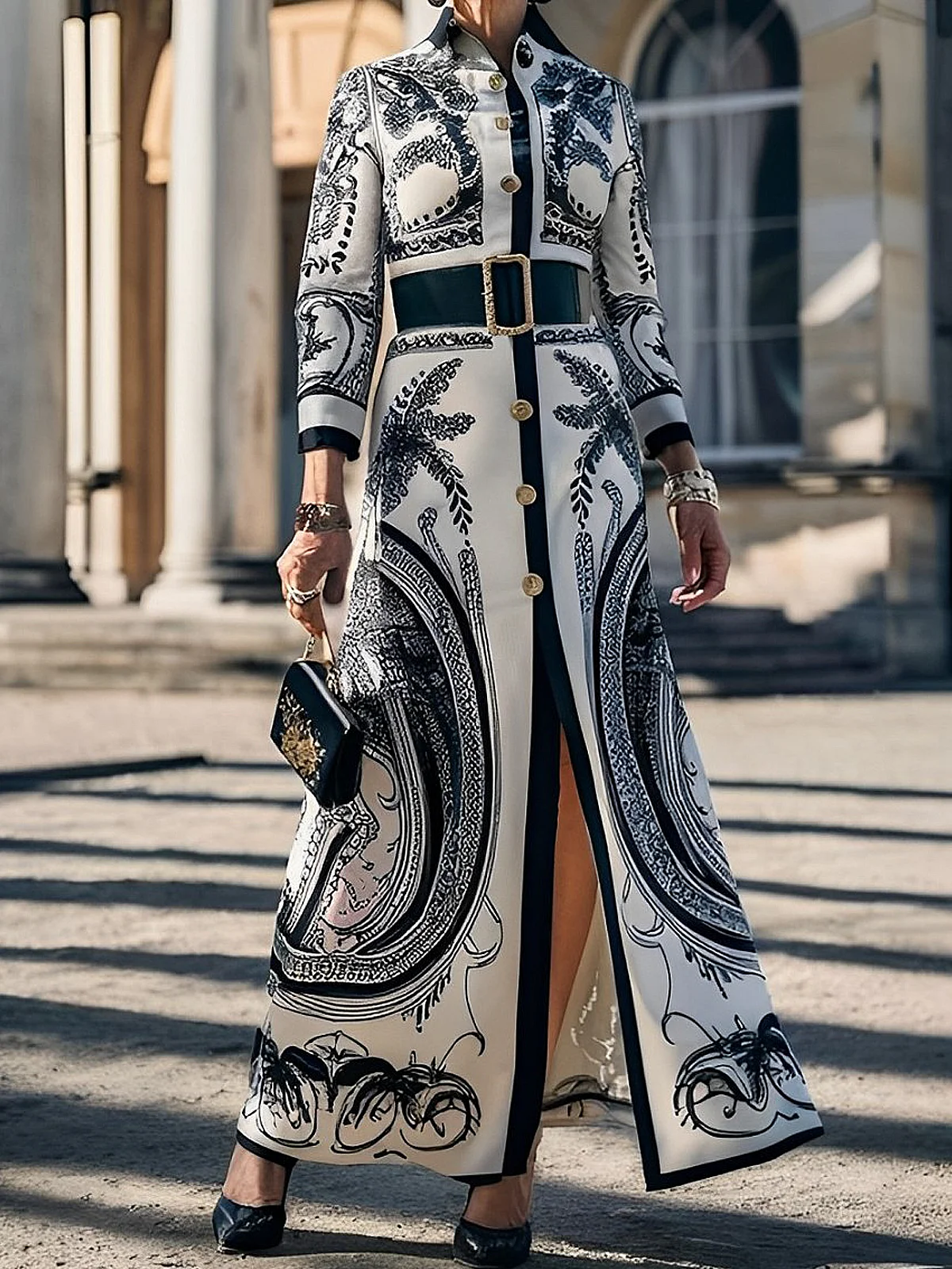 Urban Geometric  Maxi Dress With Belt