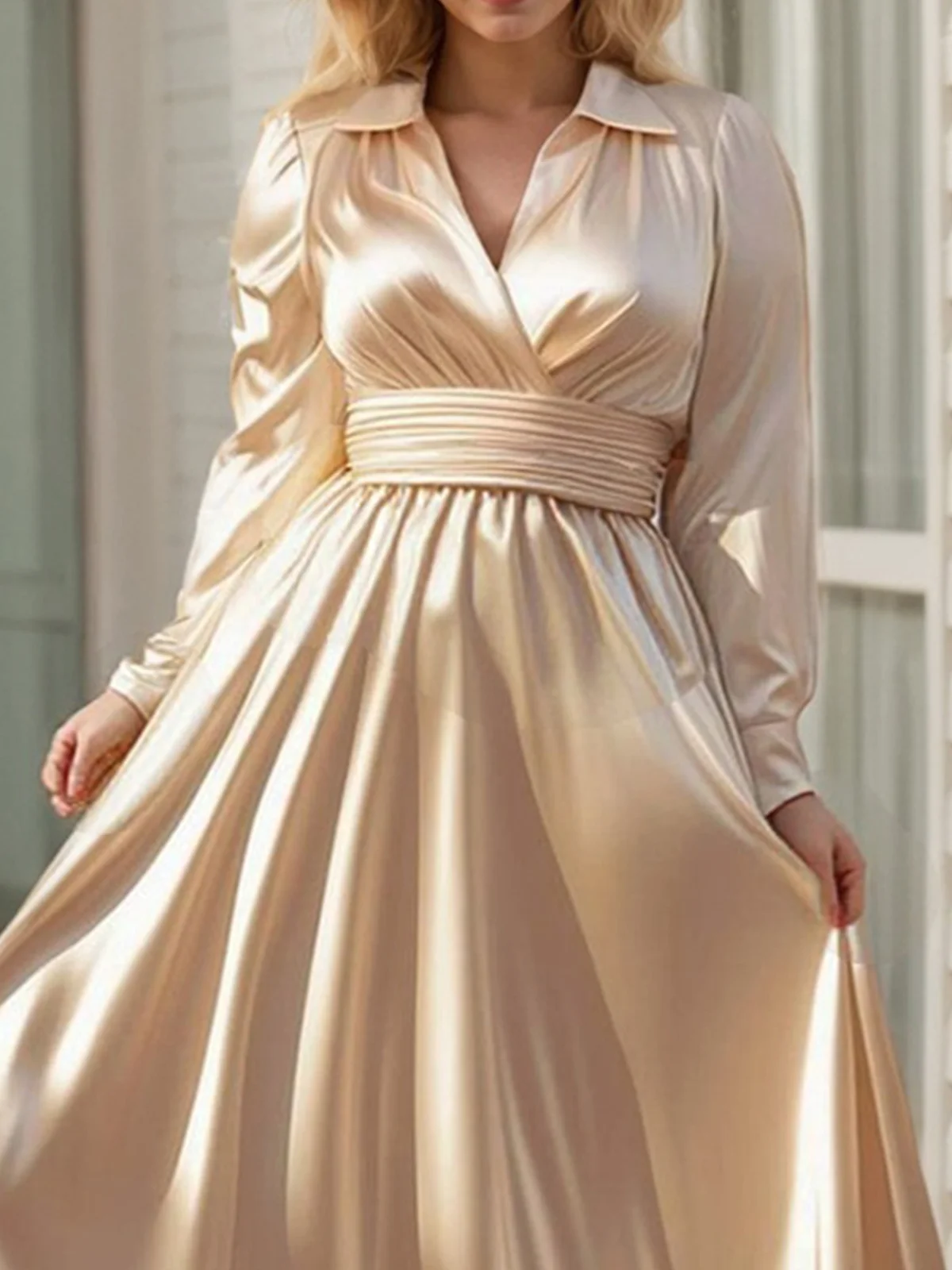 Elegant Plain V Neck Midi Dress With Belt