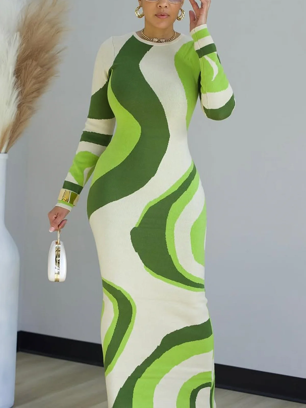 Elegant Colorblock Tight Crew Neck Maxi Sweater Dress