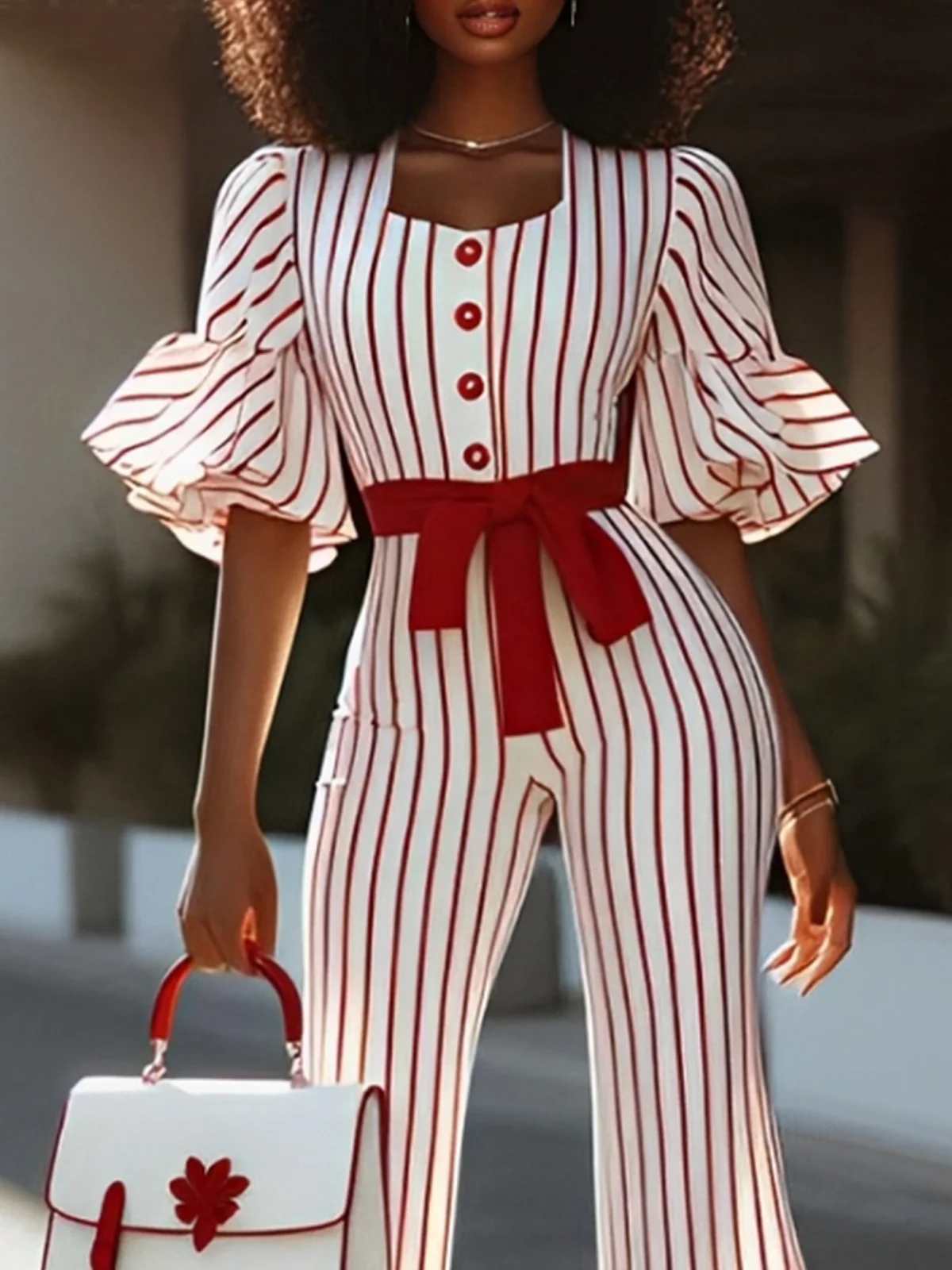 Urban Buttoned Ruffle Sleeve Striped Square Neck Jumpsuit