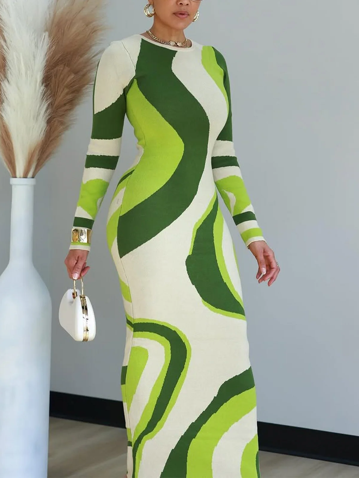 Elegant Colorblock Tight Crew Neck Maxi Sweater Dress