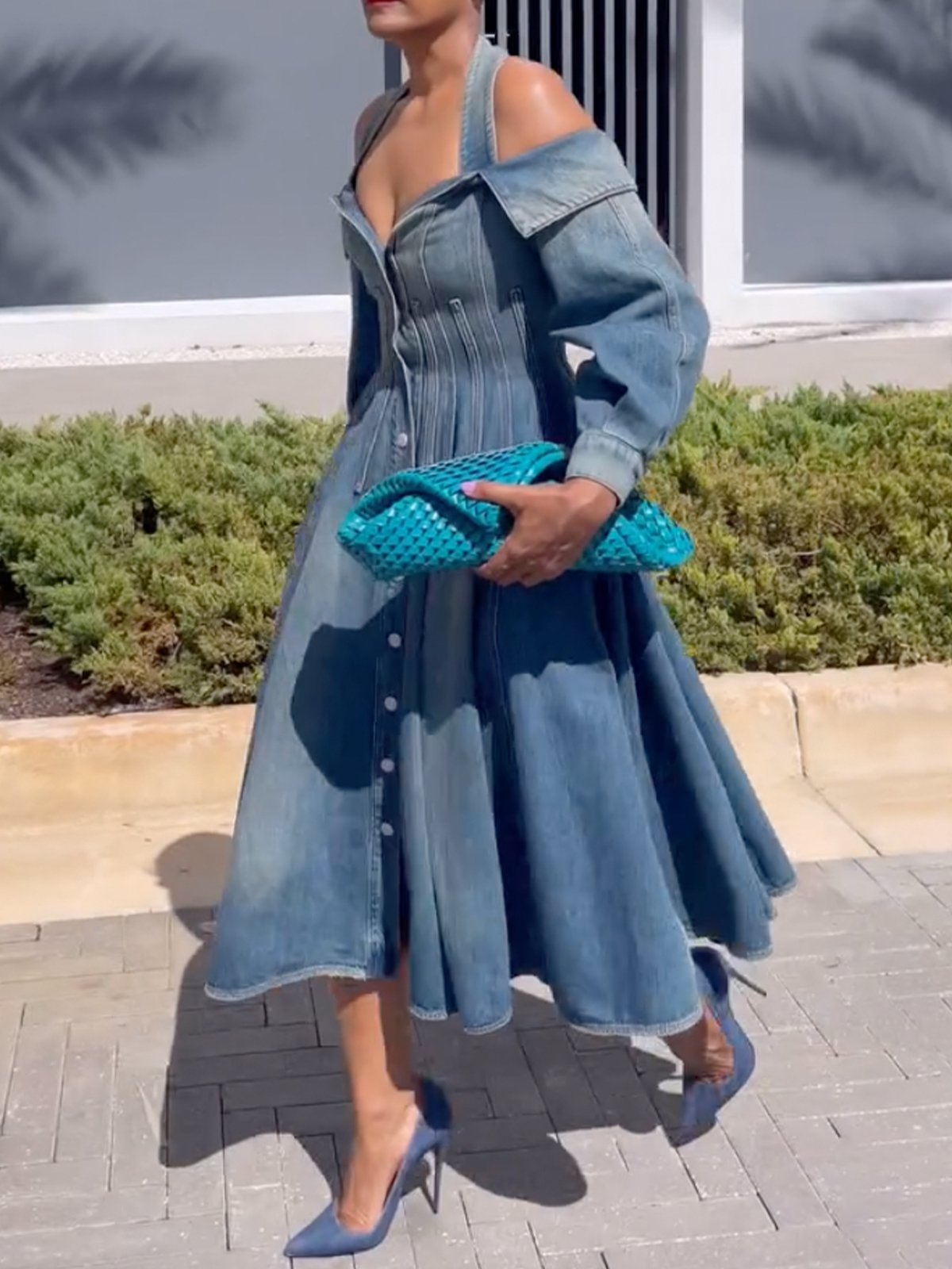 Elegant Plain Off Shoulder Sleeve Halter Denim Midi Dress