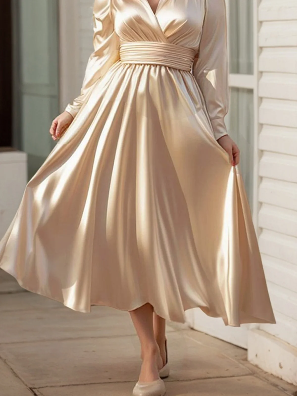 Elegant Plain V Neck Midi Dress With Belt