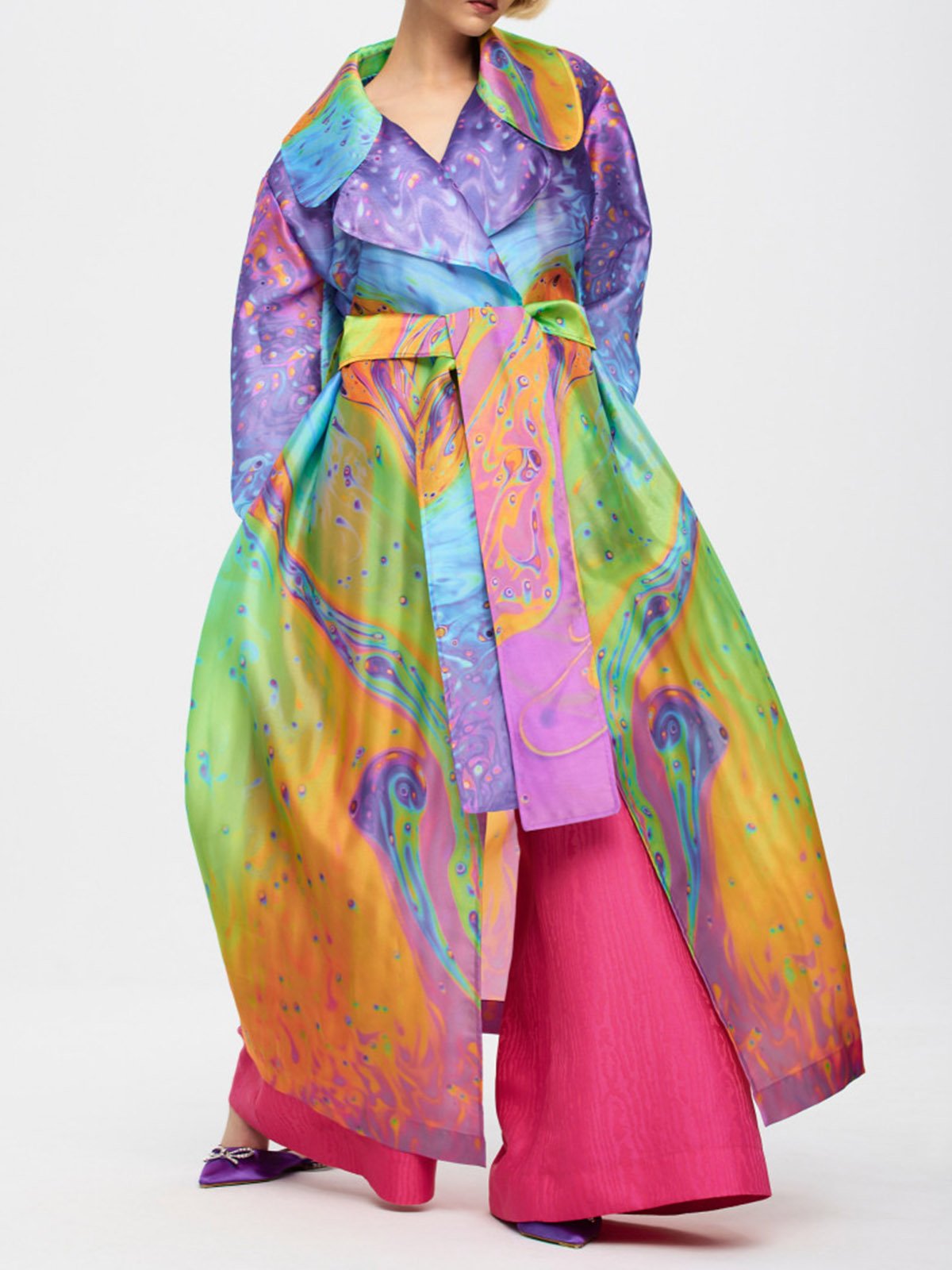 Random Print Shawl Collar Kimono With Belt